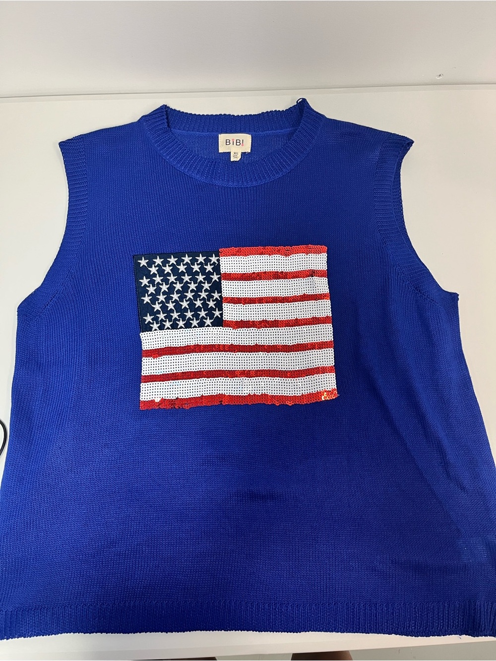 BiBi XL Blue American Flag Sequin Lightweight Sweater Patriotic USA Knit Top